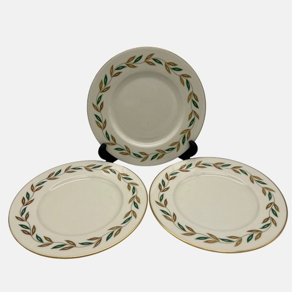 Castleton China Alberta 3 Salad Plates USA Leaves Design Gold Trim 8.25" - Picture 1 of 5
